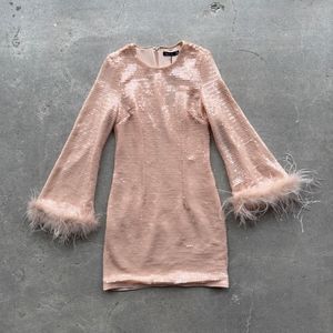 Boohoo light pink 70’s vibes pink sequins and feathers mini dress sz 6